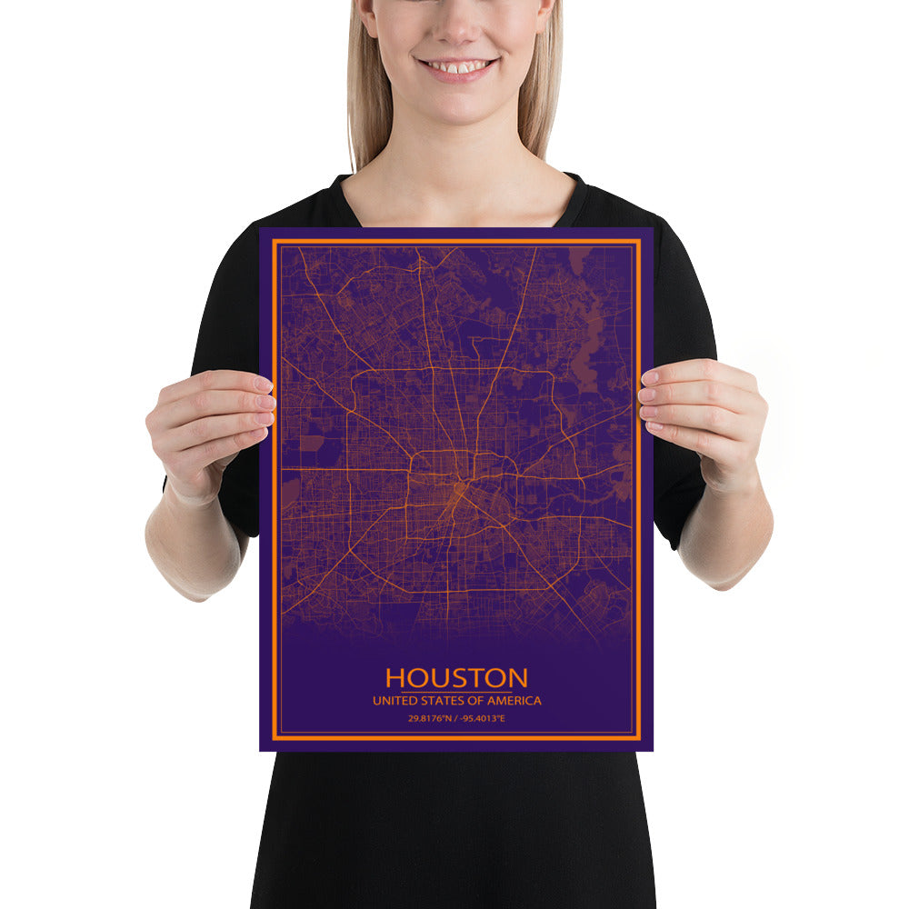 Houston Purple and Orange Paper Map