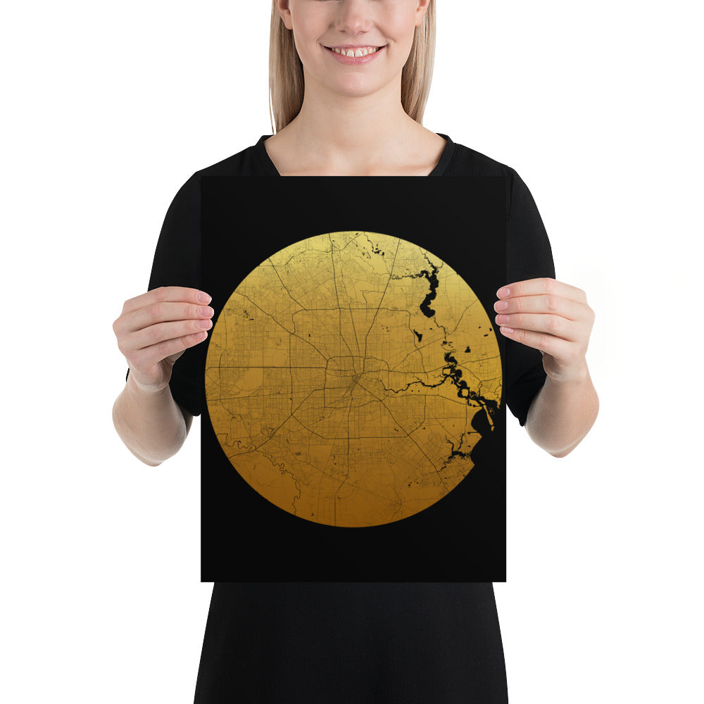 Houston Gold on Black Paper Map