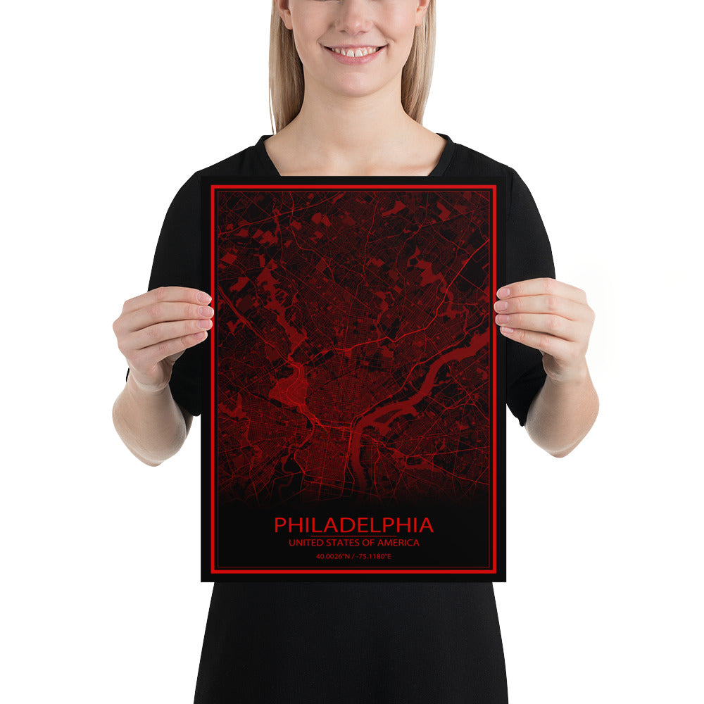 Philadelphia Black and Red Paper Map
