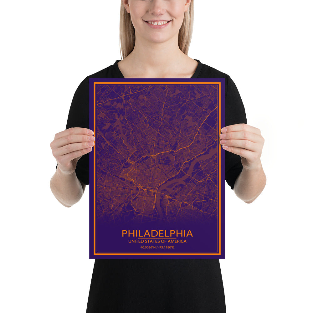 Philadelphia Purple and Orange Paper Map