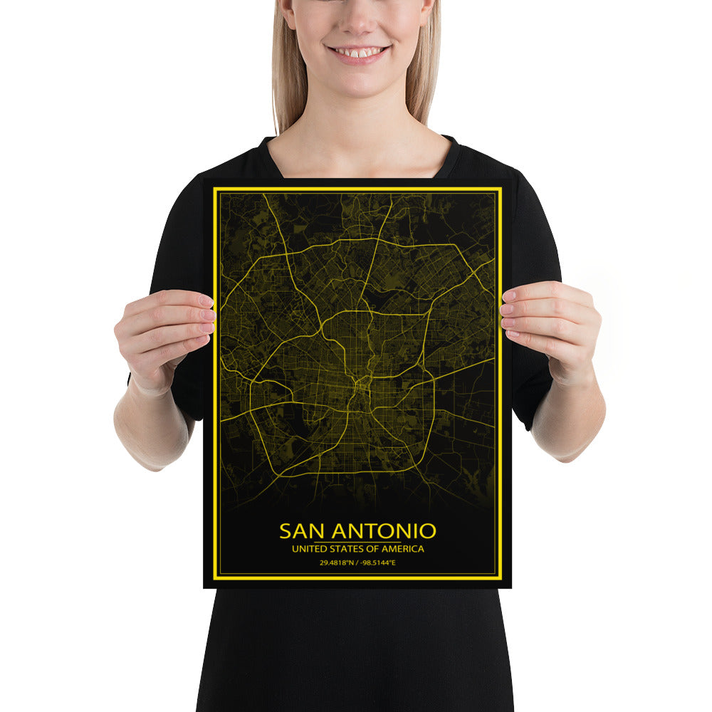 San Antonio Black and Yellow Paper Map
