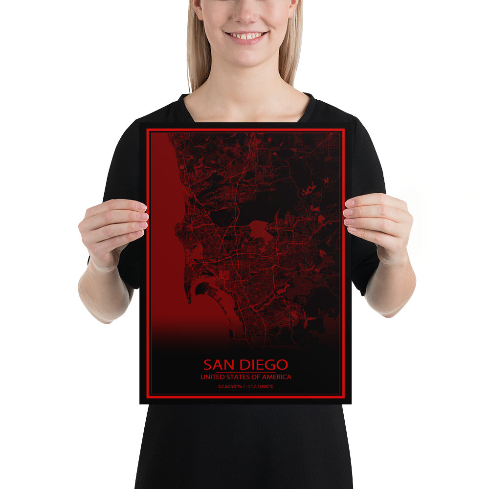 San Diego Black and Red Paper Map