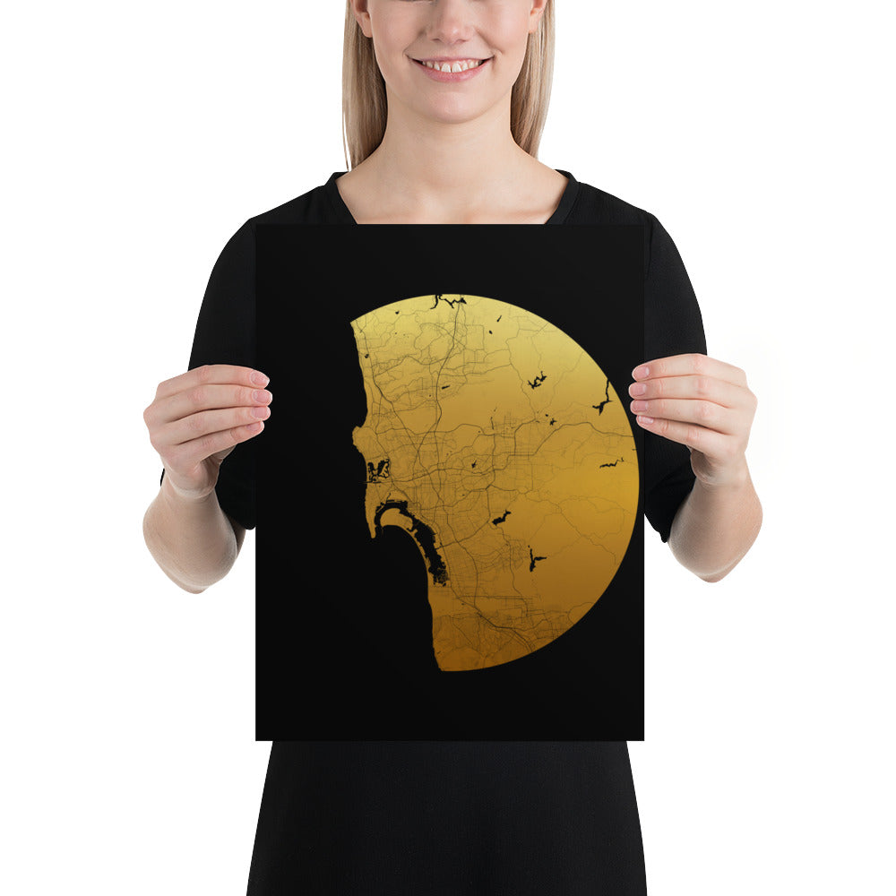 San Diego Gold on Black Paper Map