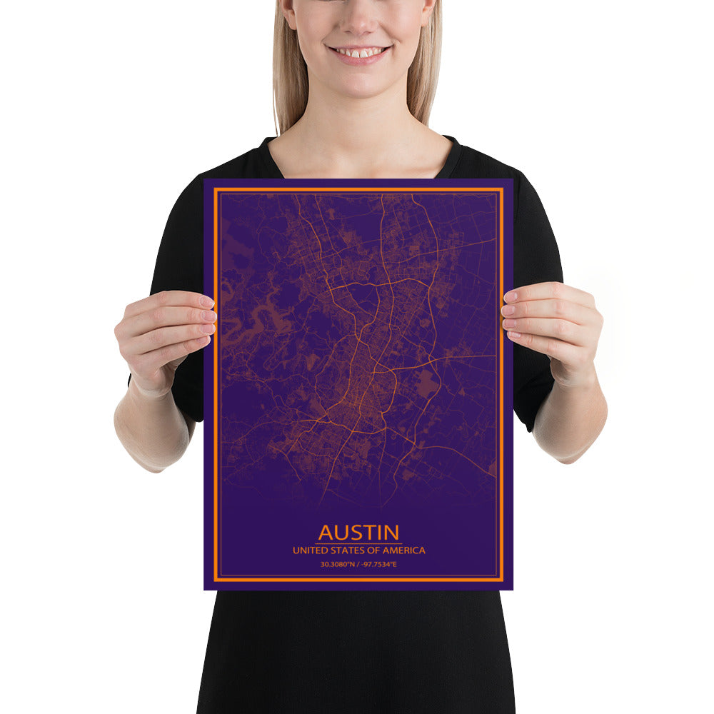Austin Purple and Orange Paper Map