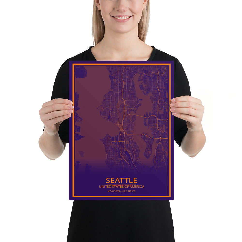 Seattle Purple and Orange Paper Map