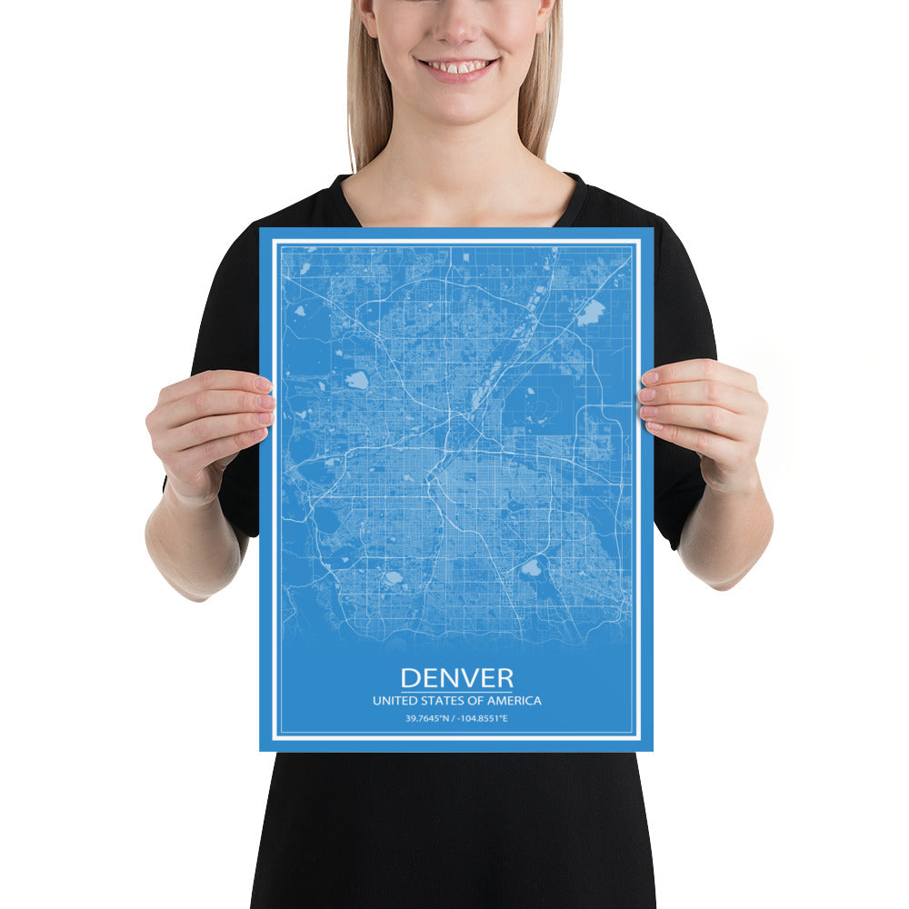 Denver Blue and White Paper Map
