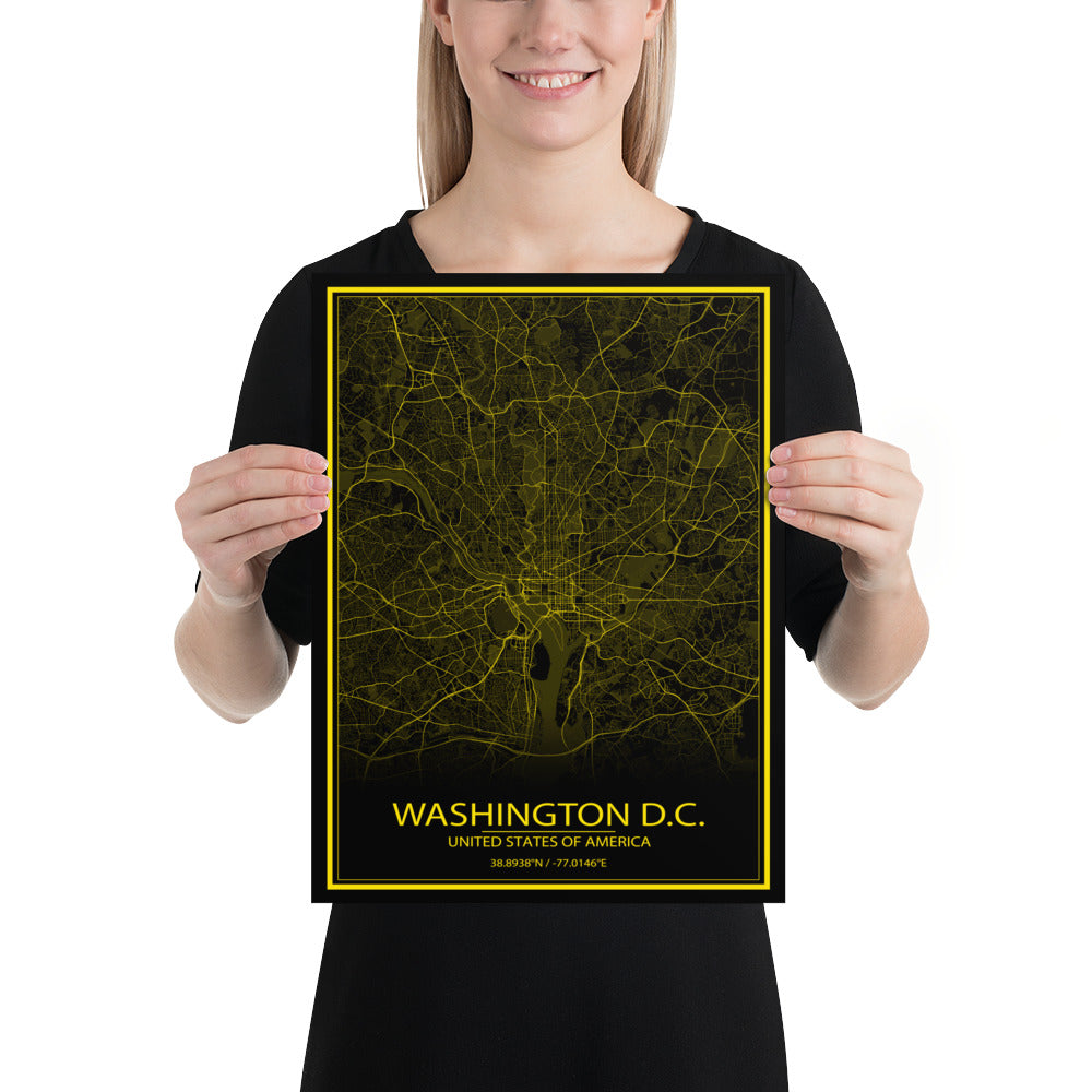 Washington, D.C. Black and Yellow Paper Map