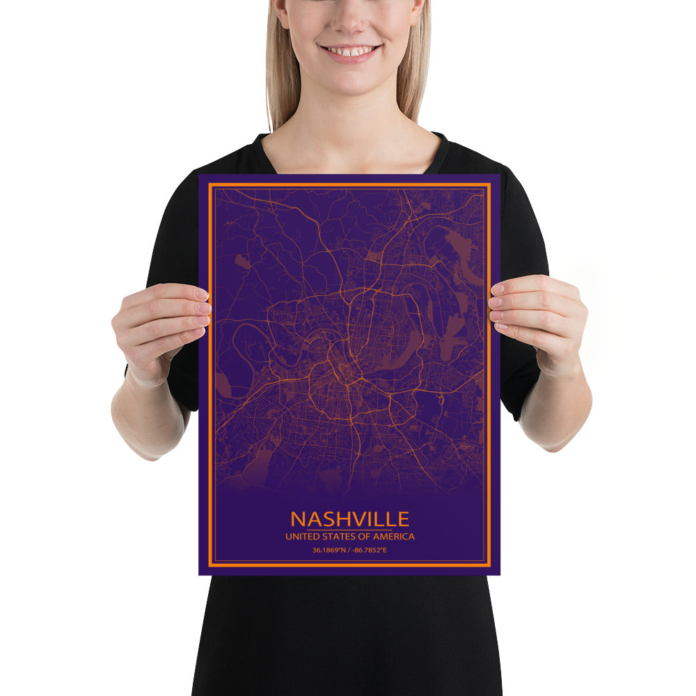 Nashville Purple and Orange Paper Map