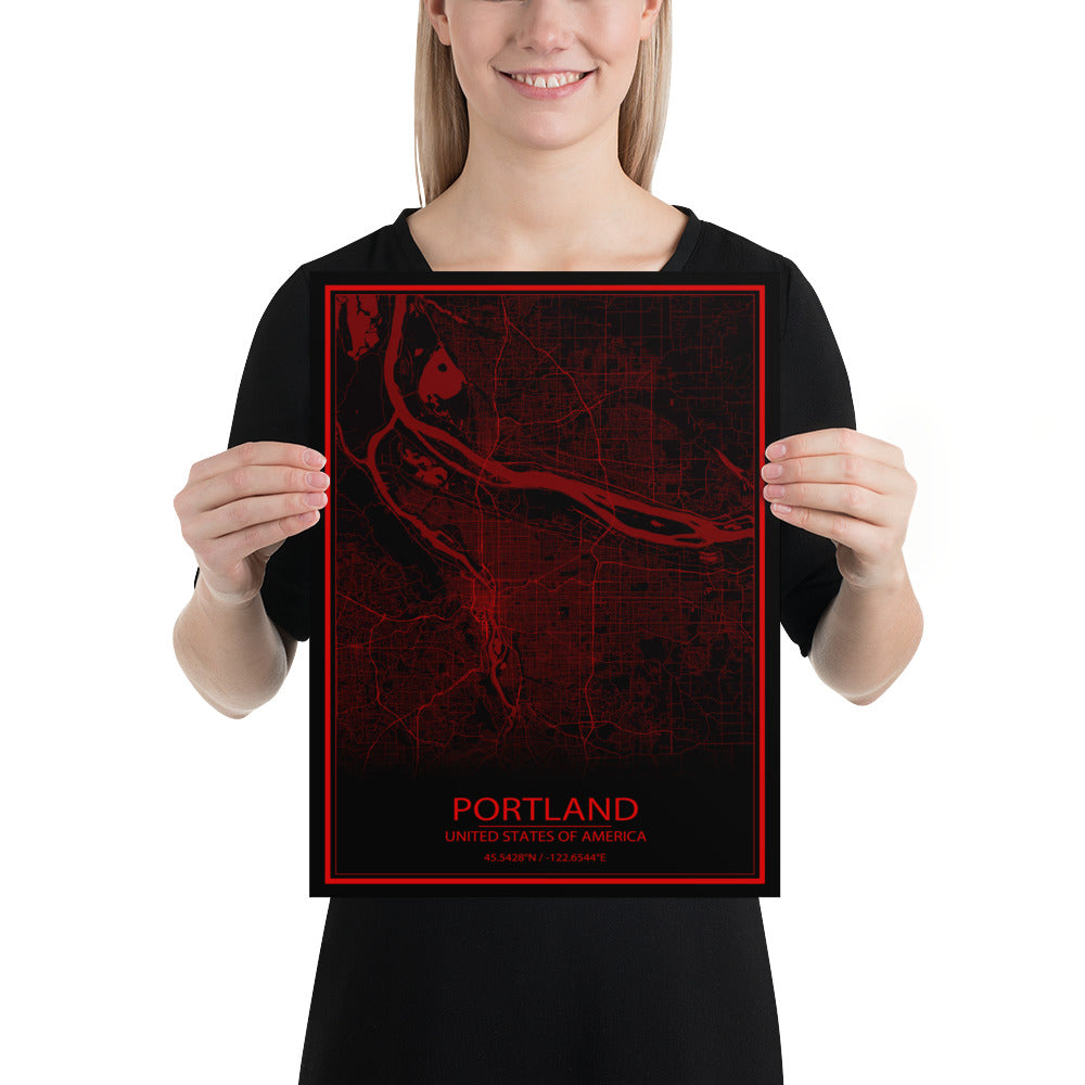 Portland Black and Red Paper Map