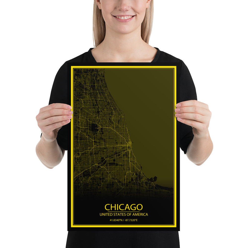 Chicago Black and Yellow Paper Map