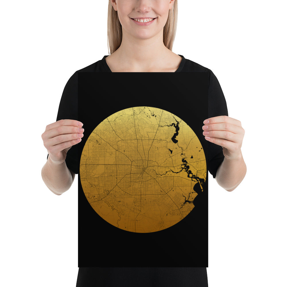 Houston Gold on Black Paper Map