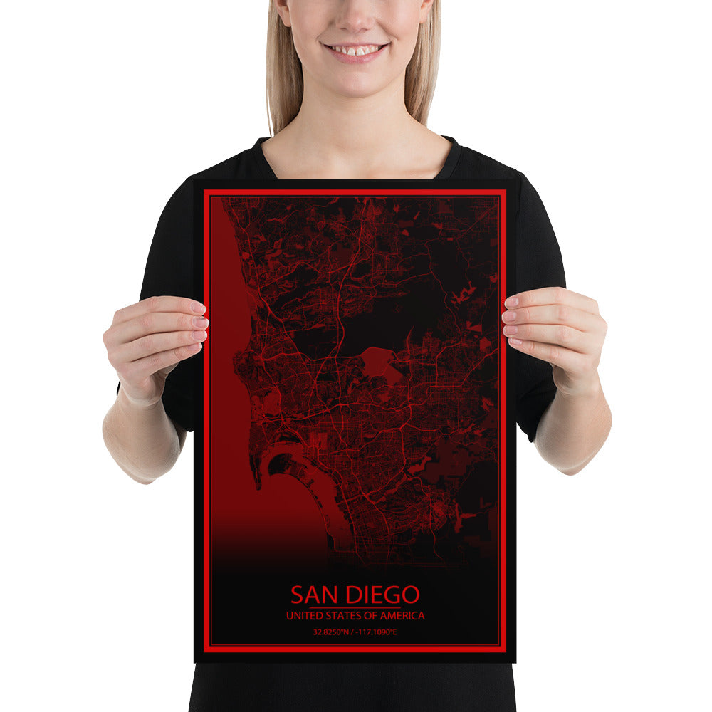 San Diego Black and Red Paper Map