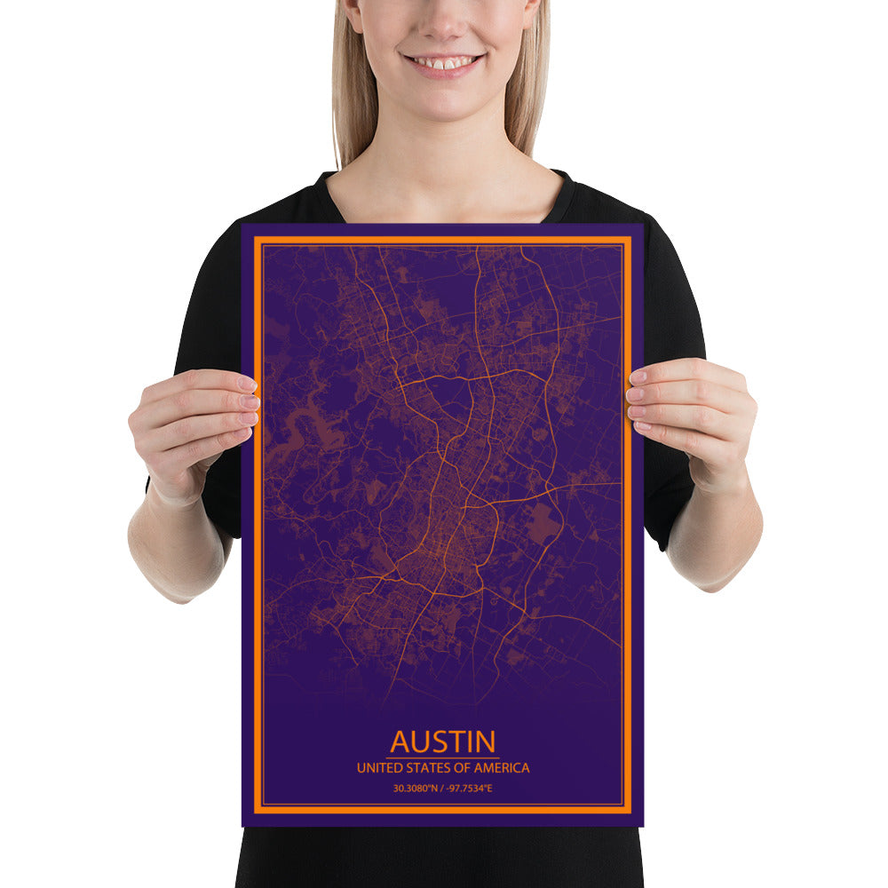Austin Purple and Orange Paper Map