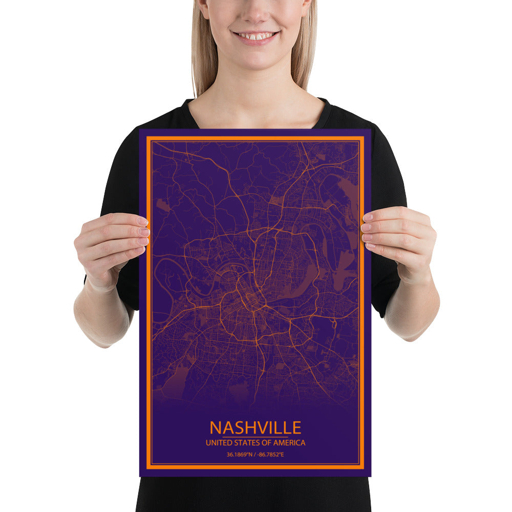 Nashville Purple and Orange Paper Map