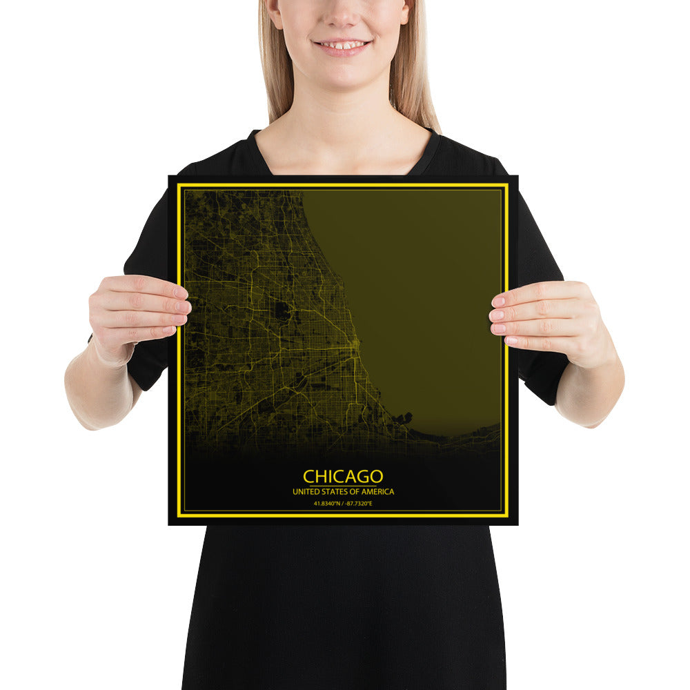 Chicago Black and Yellow Paper Map