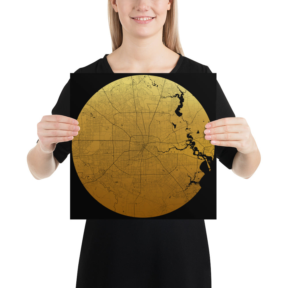 Houston Gold on Black Paper Map