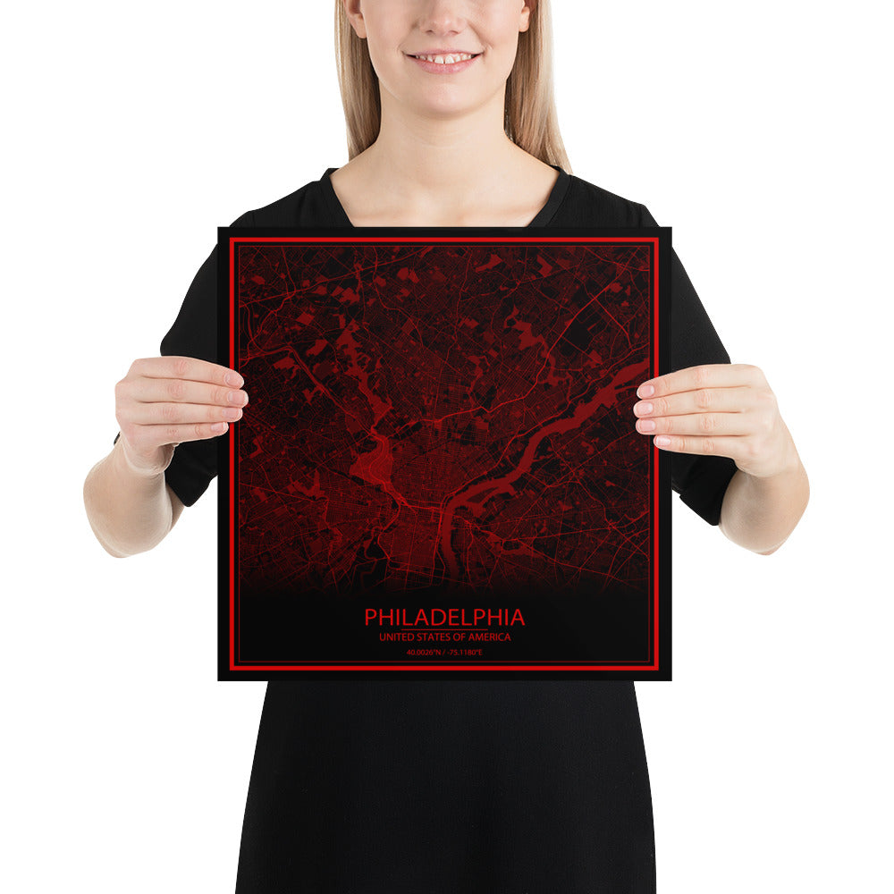 Philadelphia Black and Red Paper Map