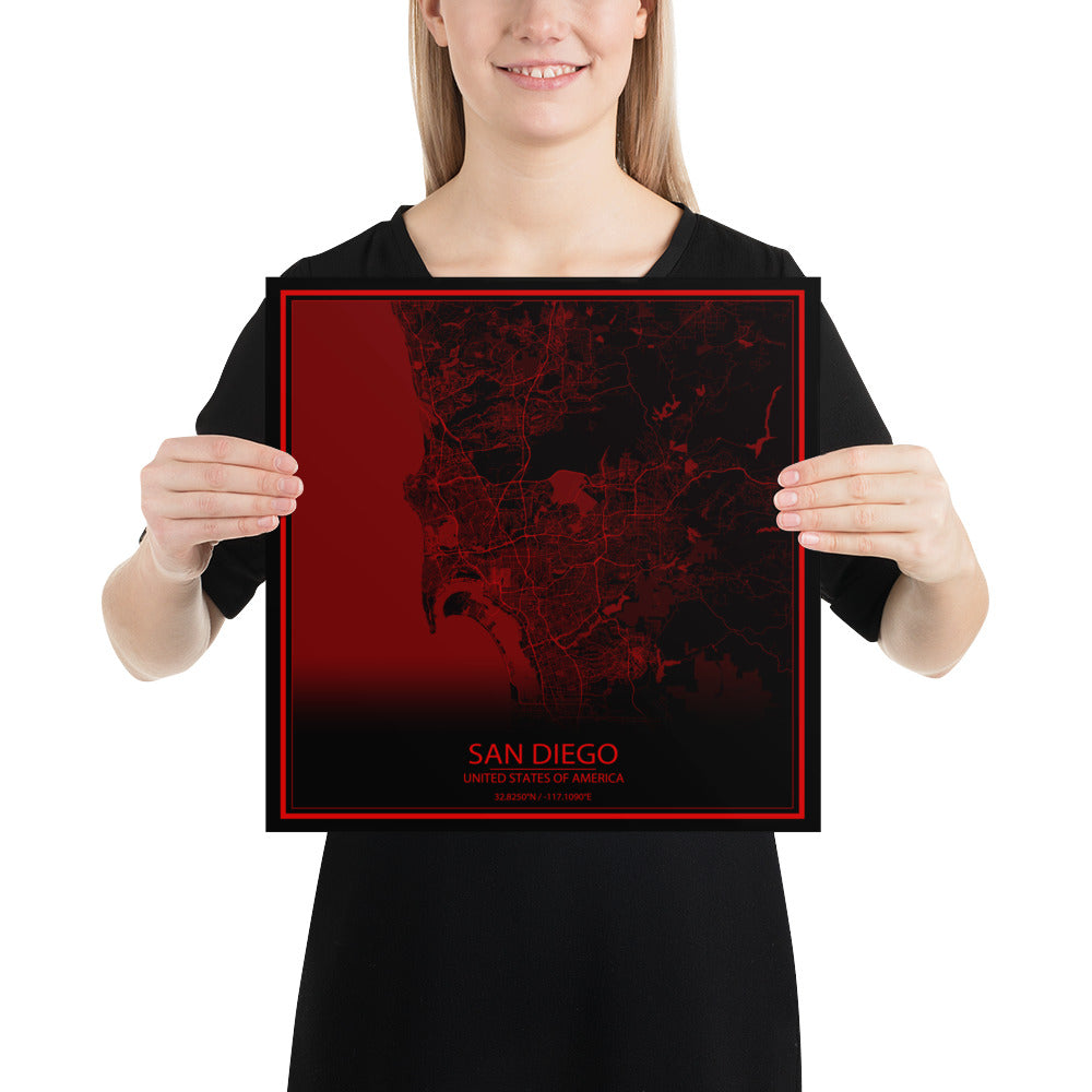 San Diego Black and Red Paper Map