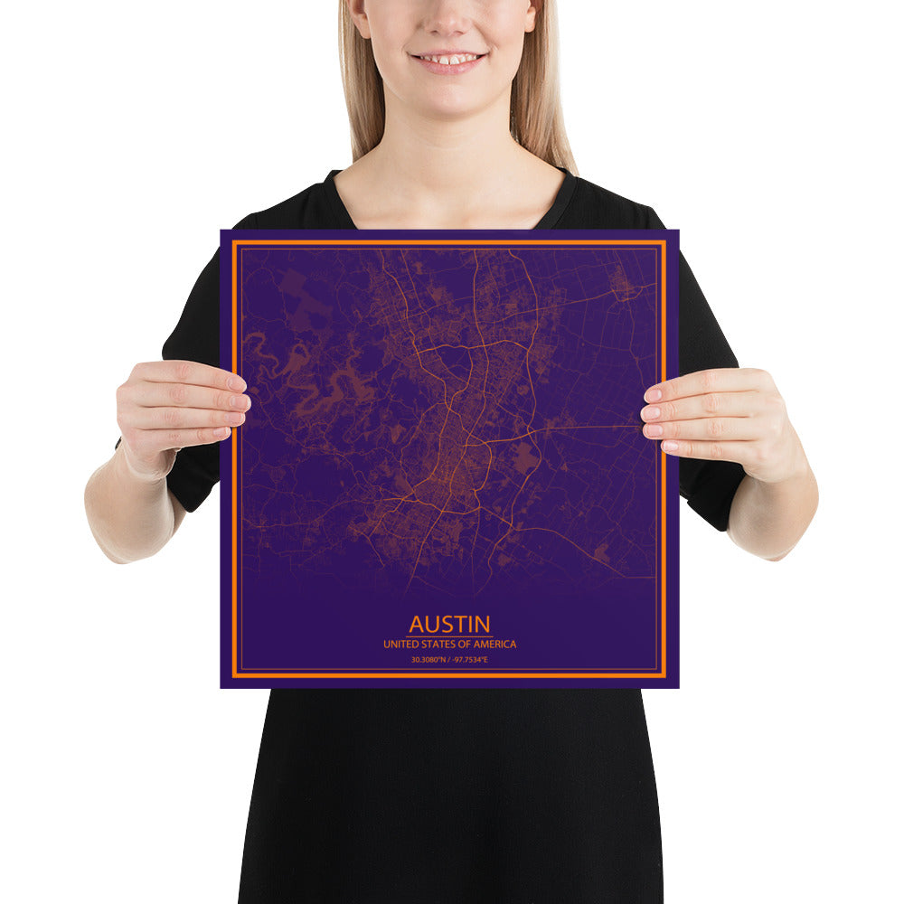 Austin Purple and Orange Paper Map