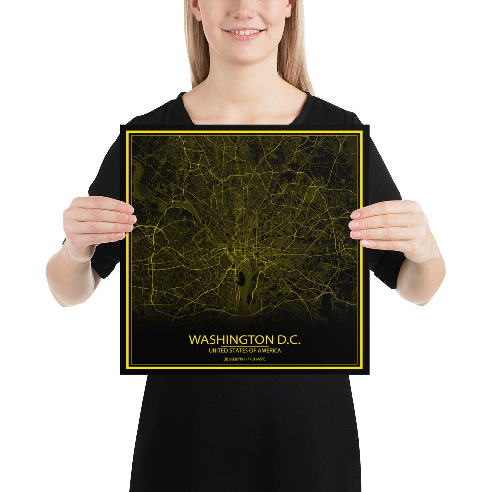 Washington, D.C. Black and Yellow Paper Map
