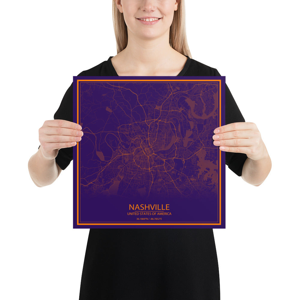 Nashville Purple and Orange Paper Map