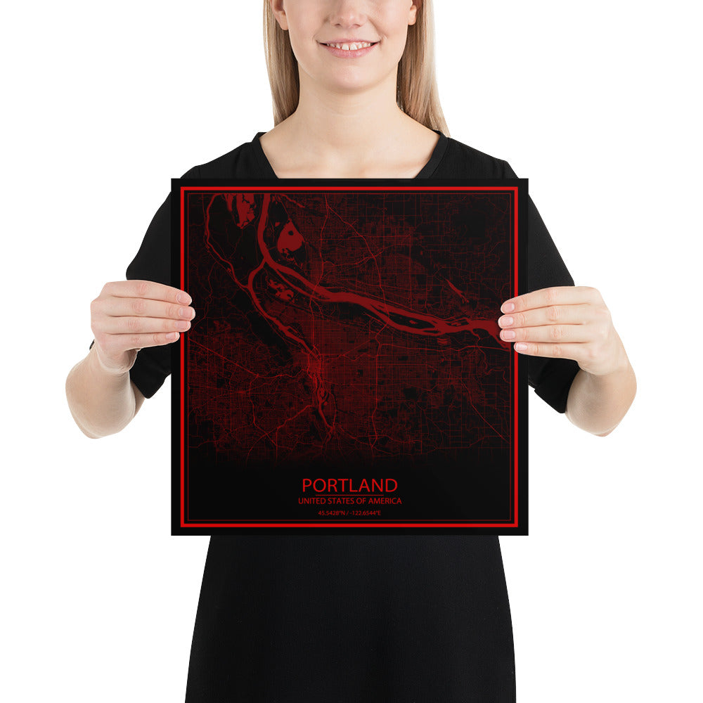 Portland Black and Red Paper Map