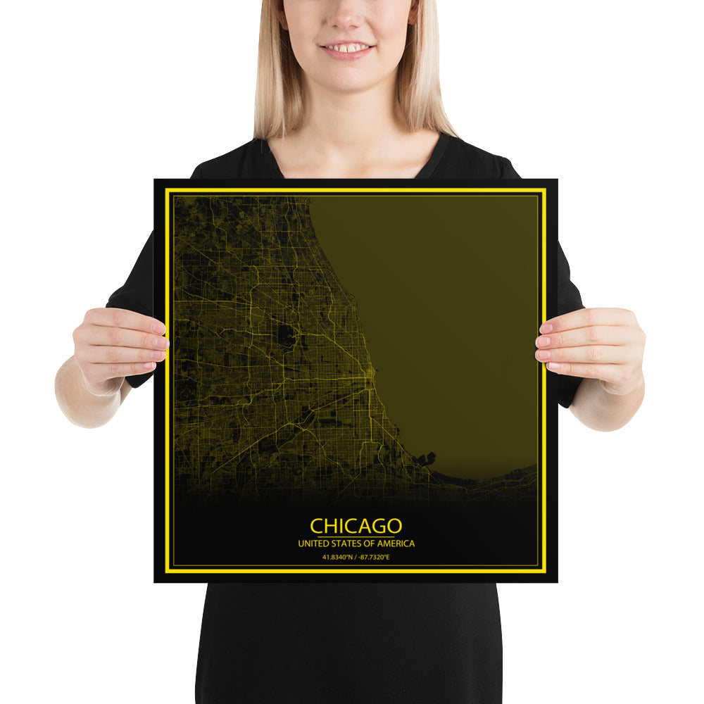 Chicago Black and Yellow Paper Map