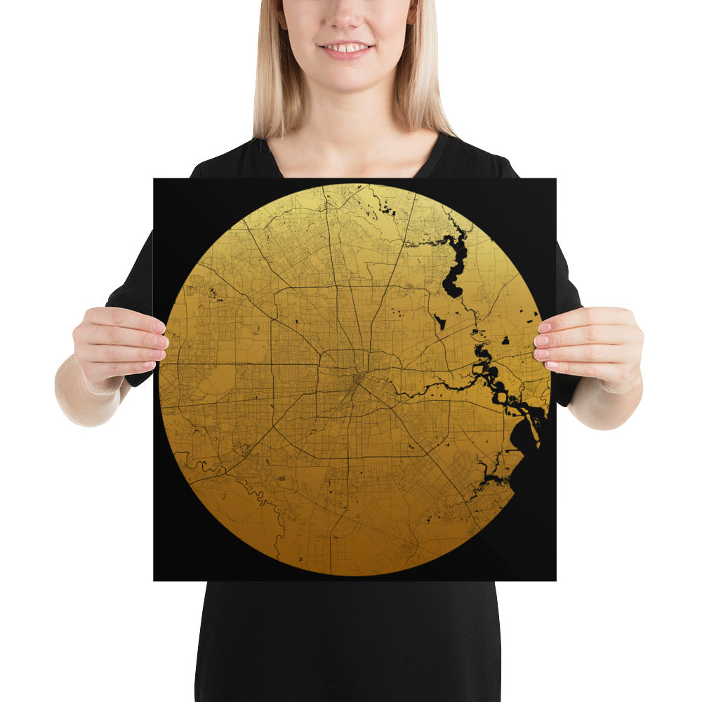 Houston Gold on Black Paper Map