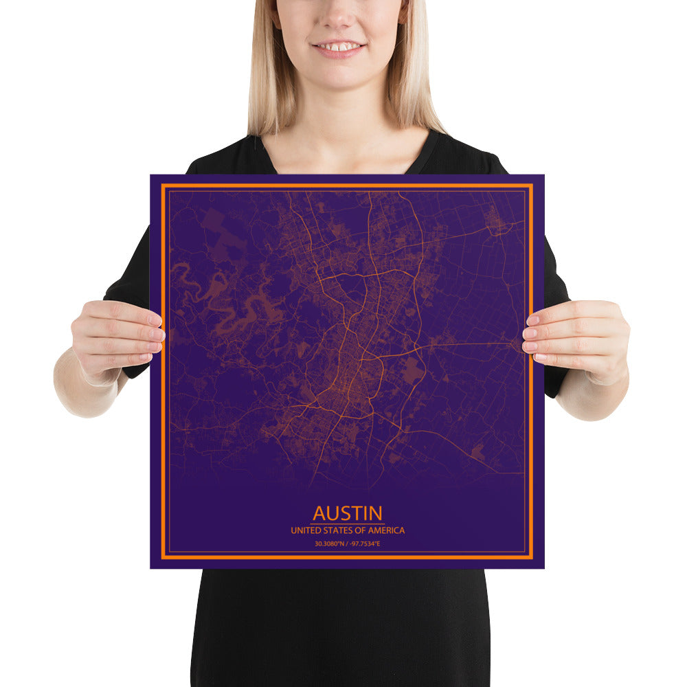 Austin Purple and Orange Paper Map