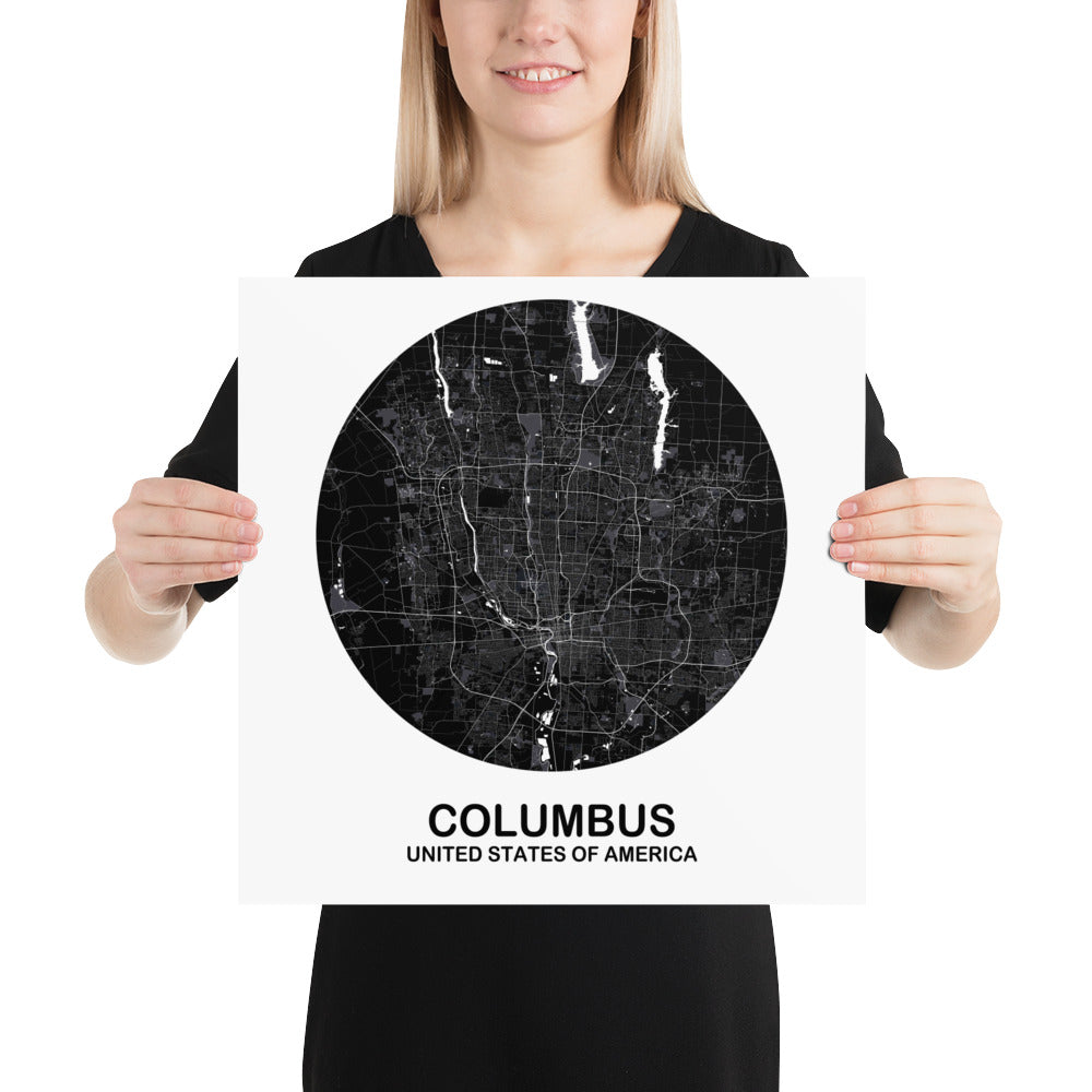 Columbus Circular Black Paper Map