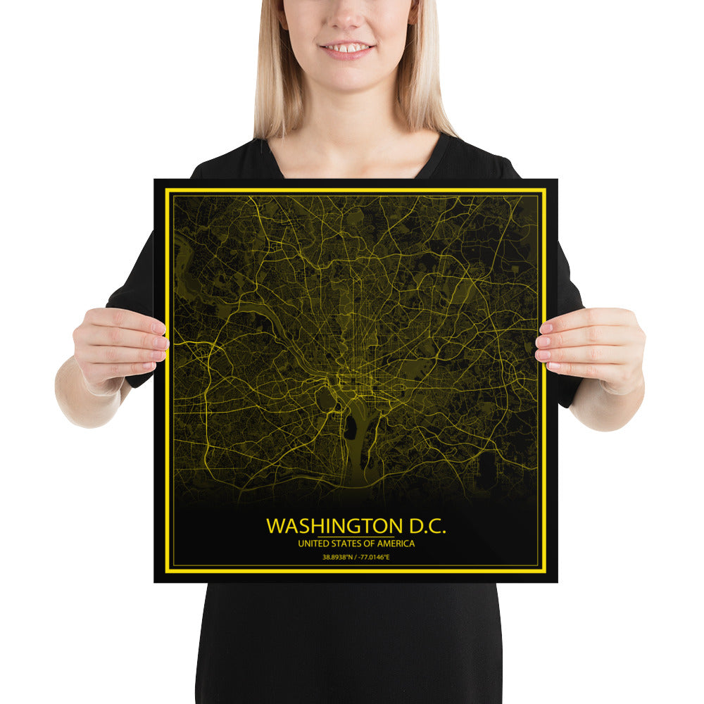 Washington, D.C. Black and Yellow Paper Map
