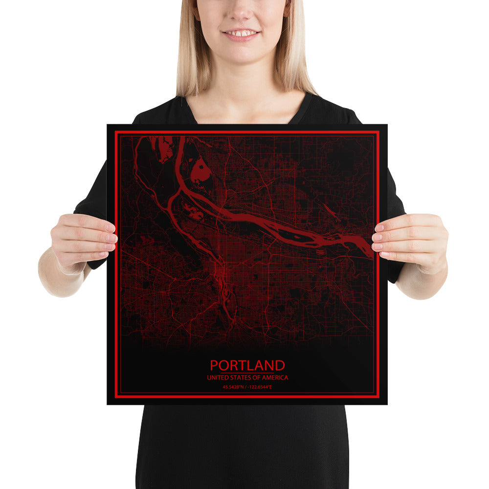 Portland Black and Red Paper Map
