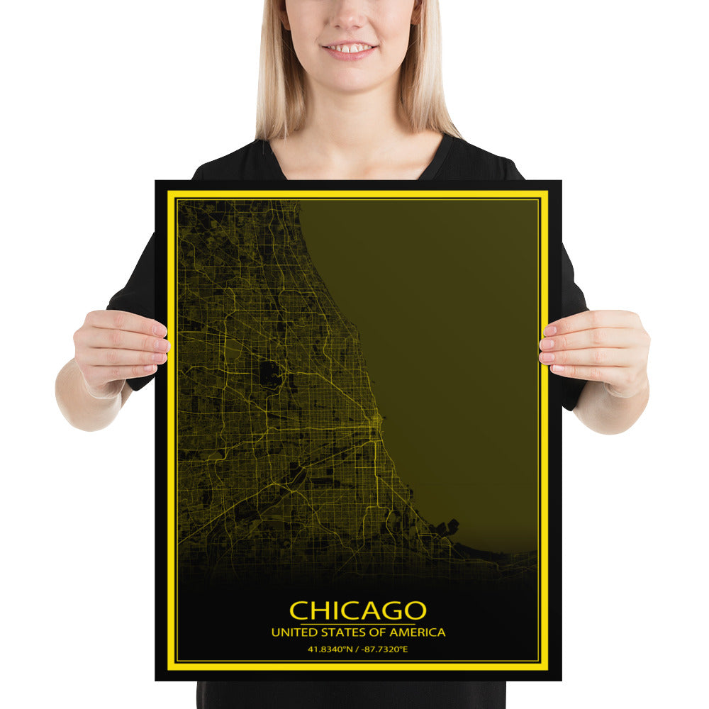 Chicago Black and Yellow Paper Map