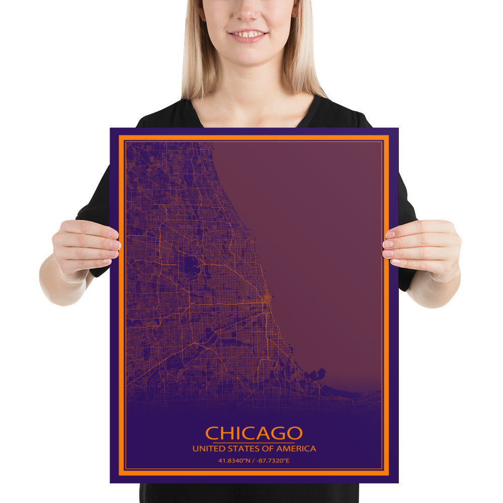 Chicago Purple and Orange Paper Map