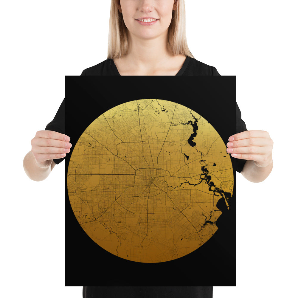 Houston Gold on Black Paper Map