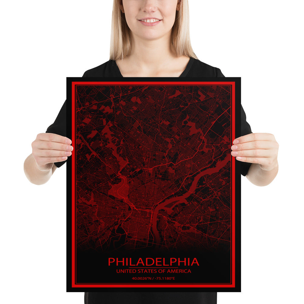 Philadelphia Black and Red Paper Map