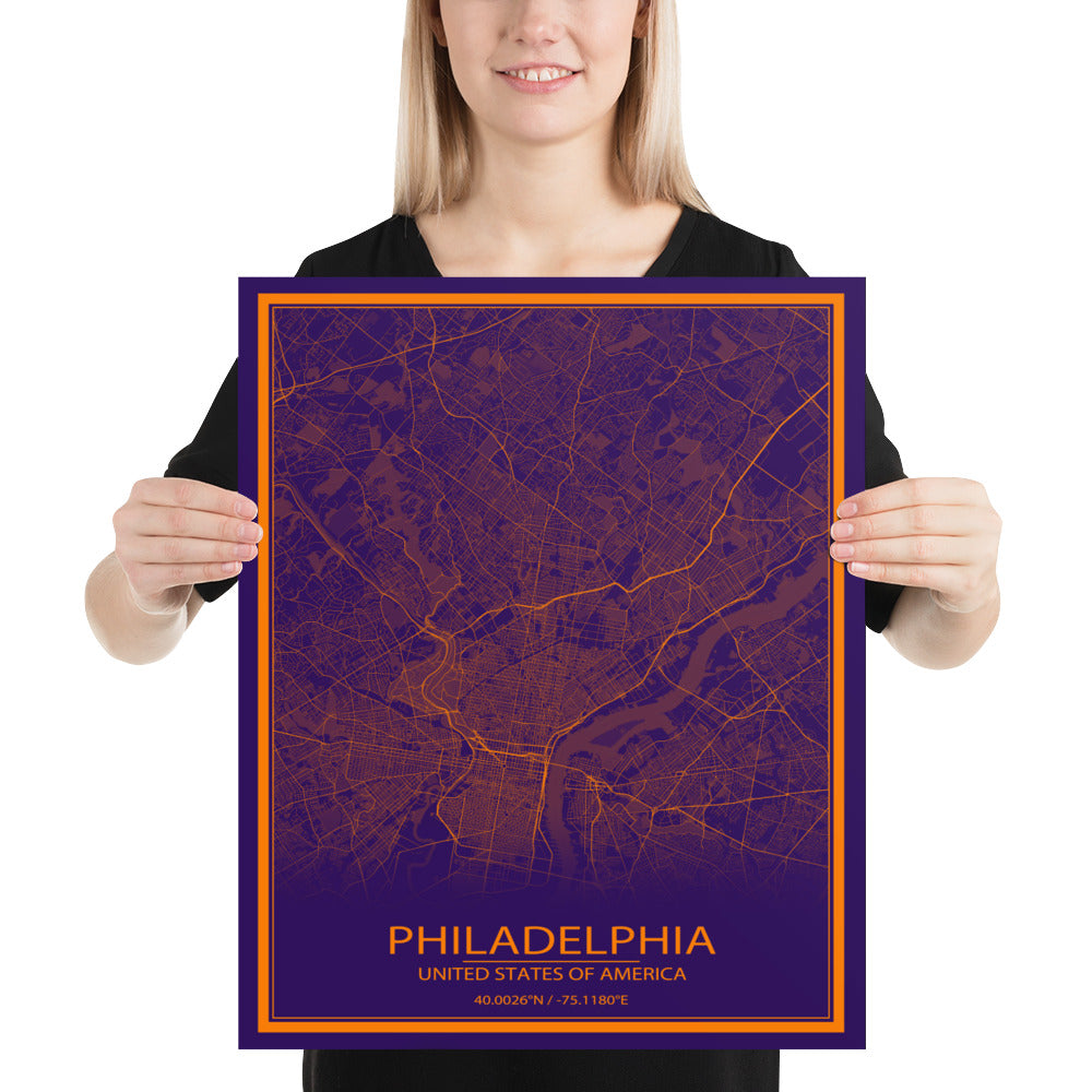 Philadelphia Purple and Orange Paper Map