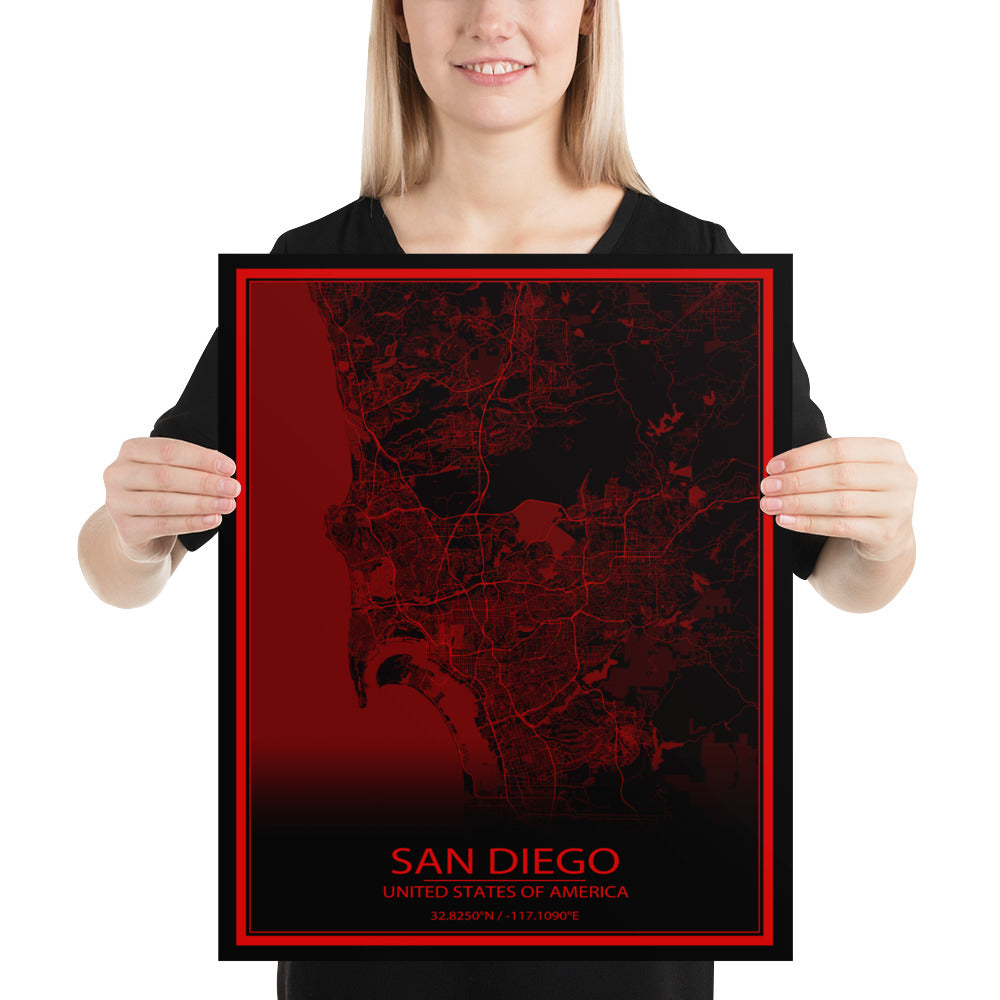 San Diego Black and Red Paper Map