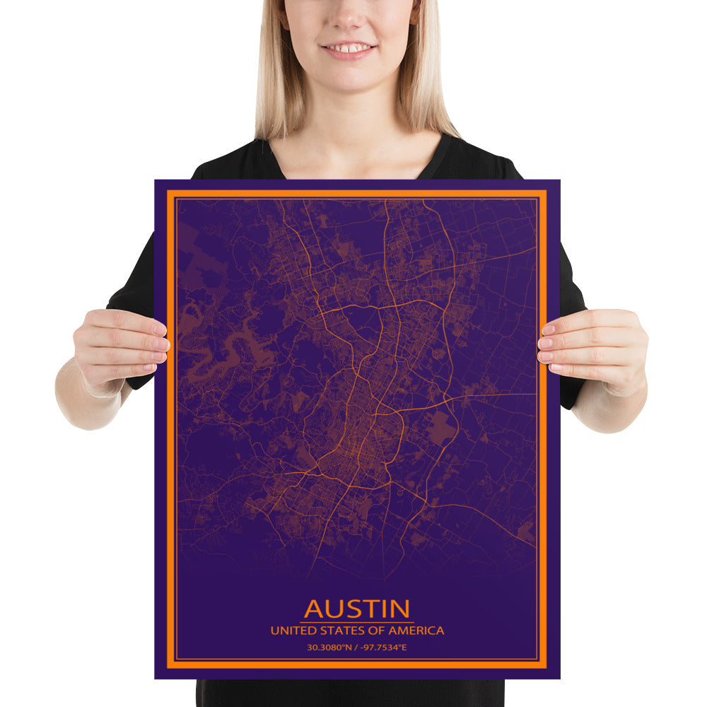 Austin Purple and Orange Paper Map