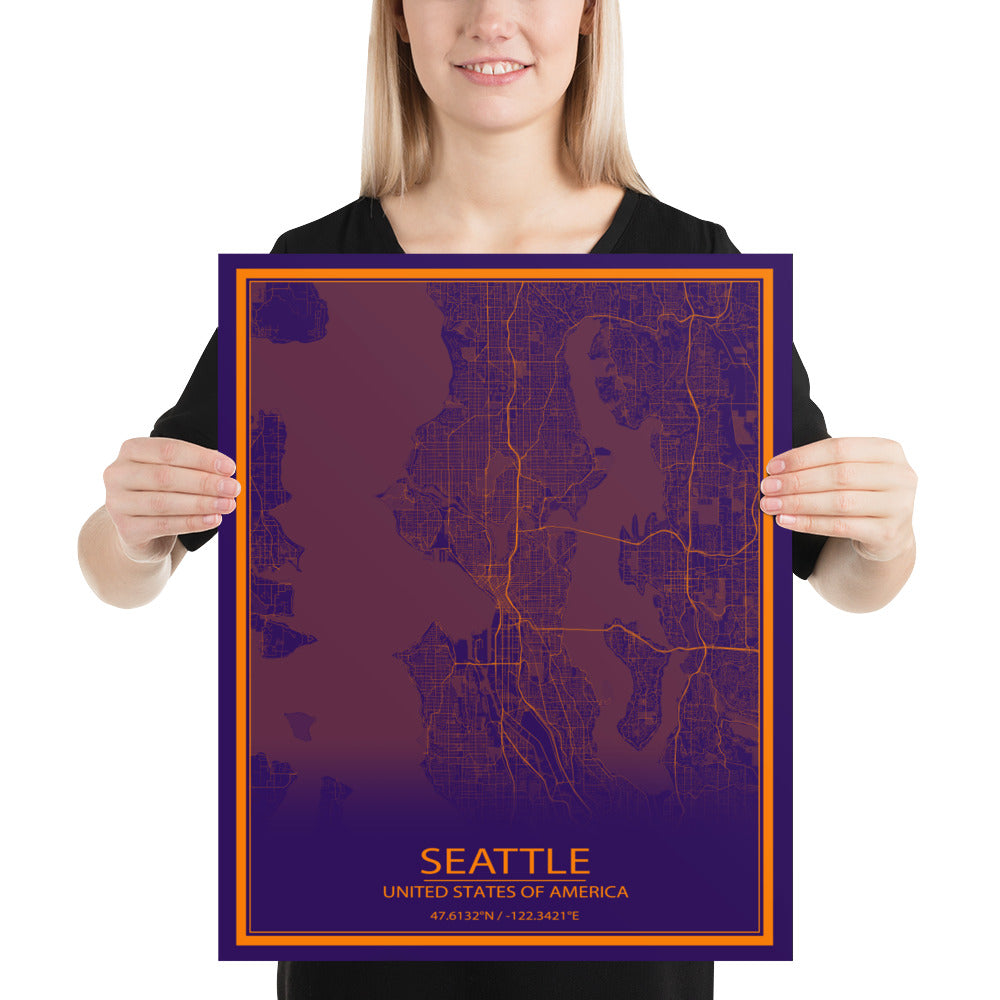 Seattle Purple and Orange Paper Map