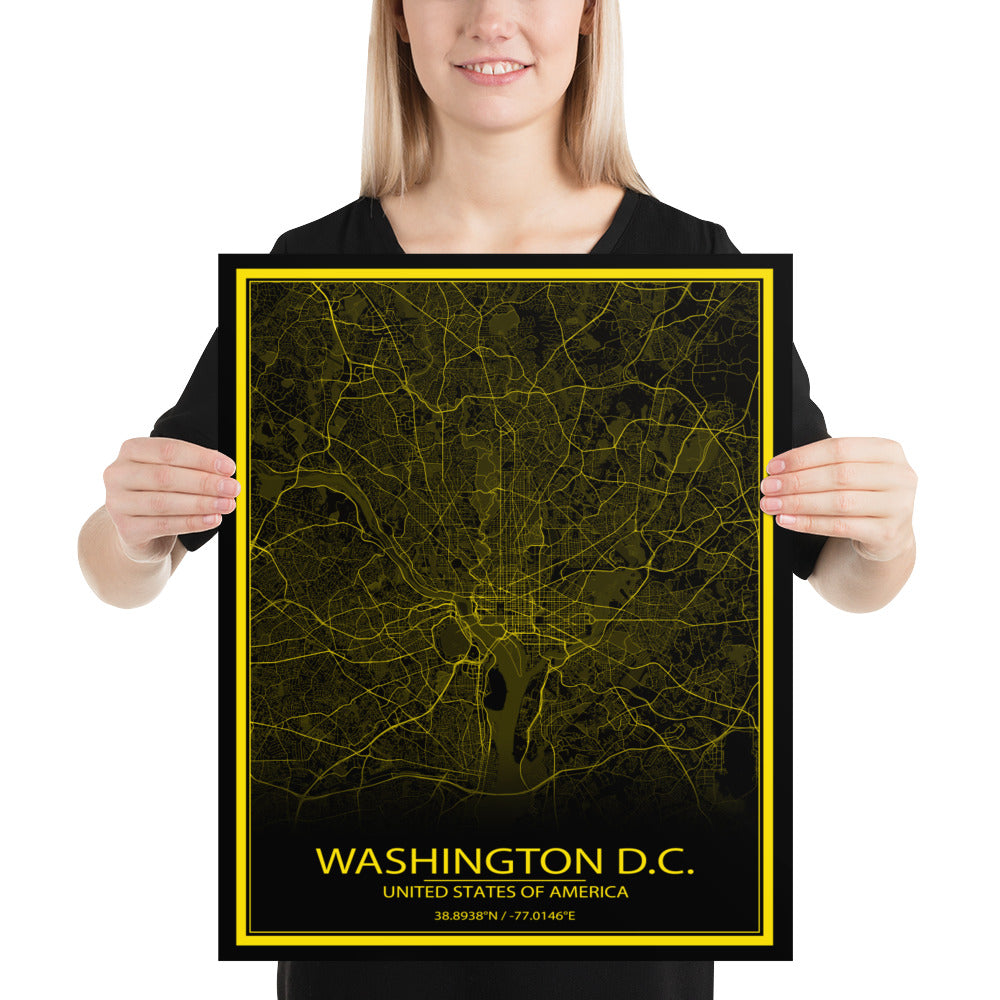 Washington, D.C. Black and Yellow Paper Map