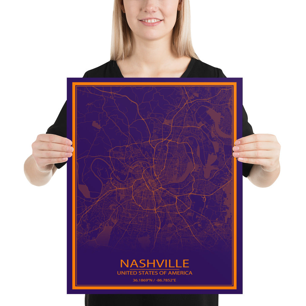 Nashville Purple and Orange Paper Map