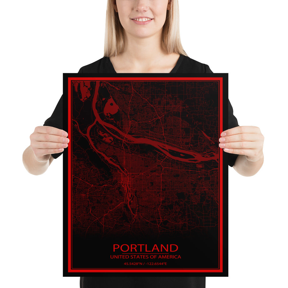 Portland Black and Red Paper Map
