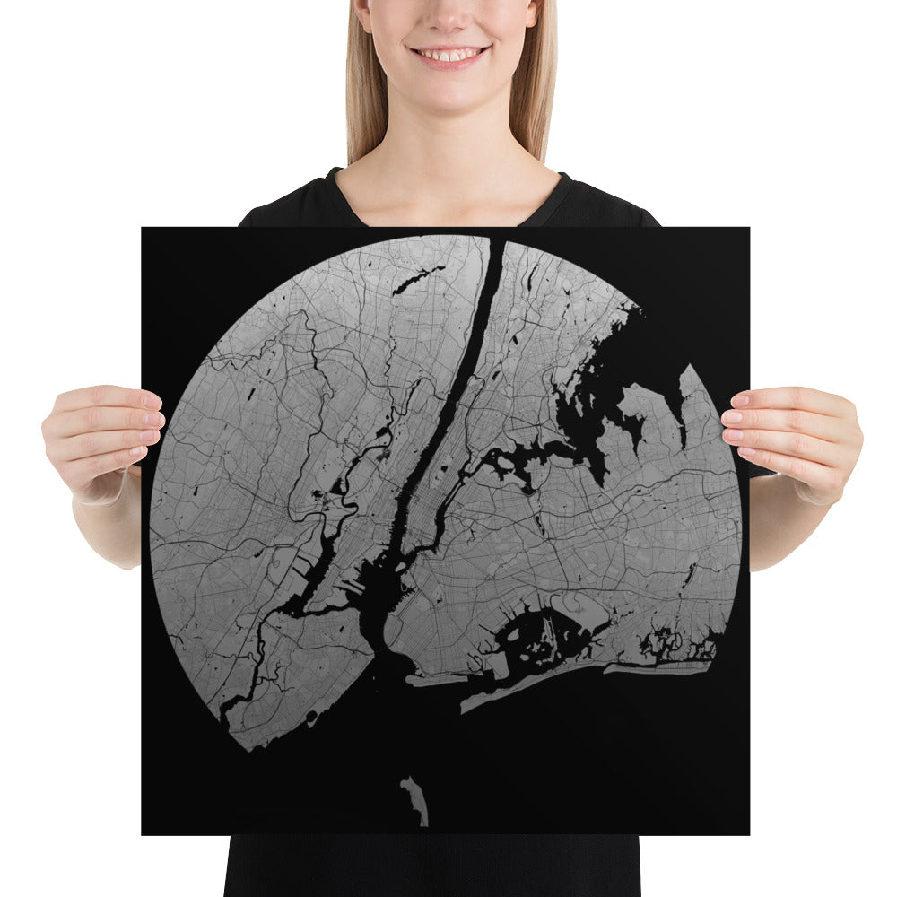 New York Silver on Black Paper Map