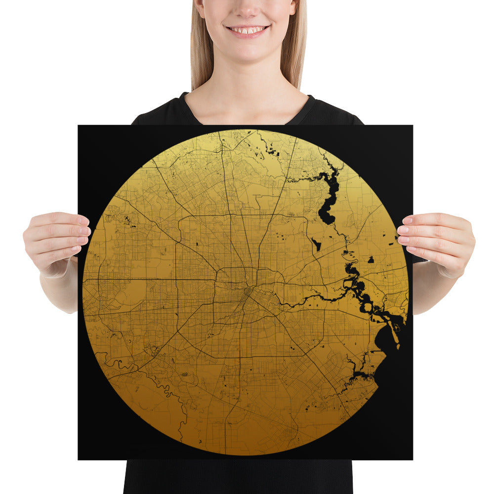 Houston Gold on Black Paper Map