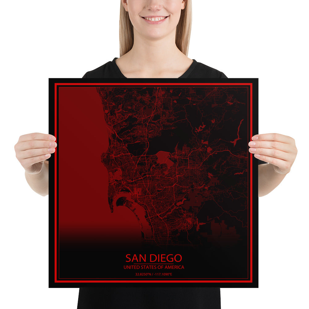 San Diego Black and Red Paper Map