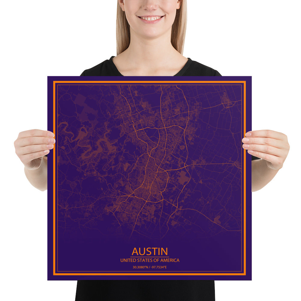 Austin Purple and Orange Paper Map
