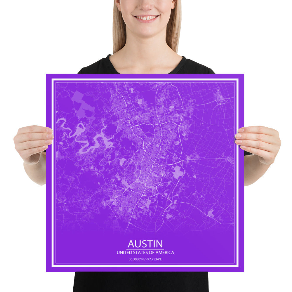 Austin Purple and White Paper Map
