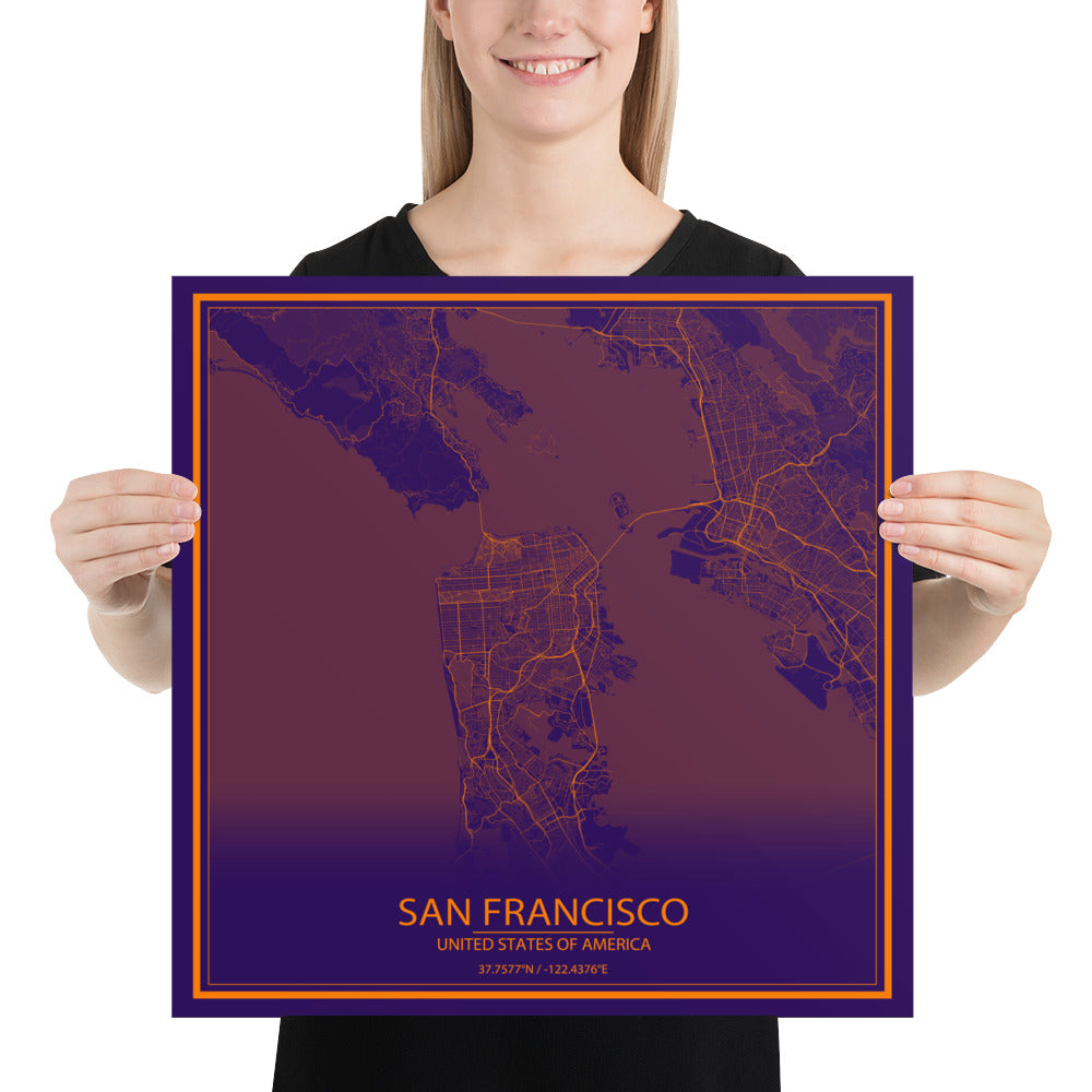 San Francisco Purple and Orange Paper Map