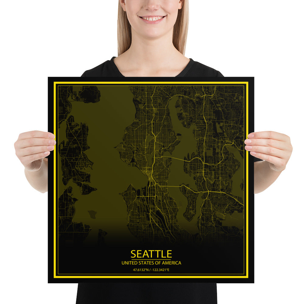 Seattle Black and Yellow Paper Map